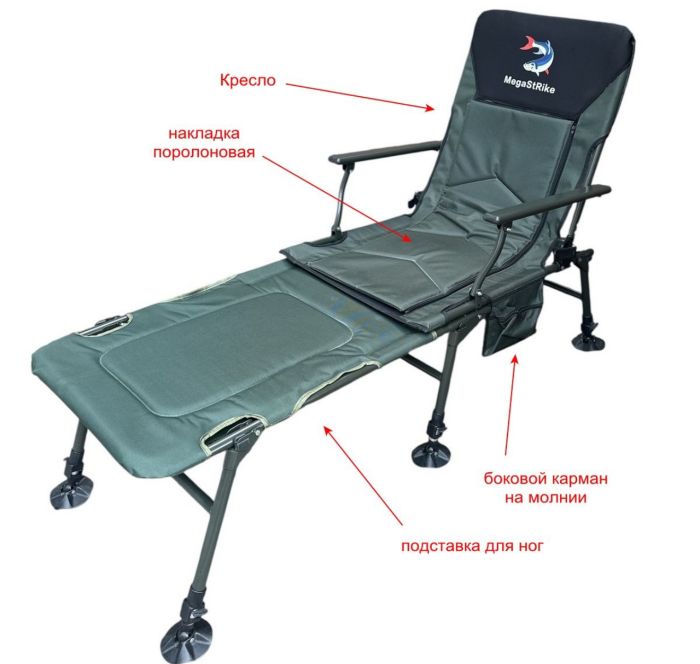 Карпове крісло Megastrike з підставкою для ніг - SH9-3-8 - (70+50)x55x95 см - З боковою кишенею на змійці - Олива