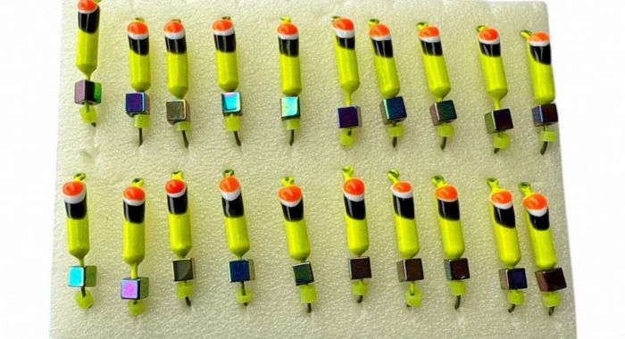 Мормишка Вольфрамова Володимирська Гвоздик - З кубиком хамелеон - 2.5 мм - 0.4 г - Жовтий з чорно-червоною точкою - Арт.616