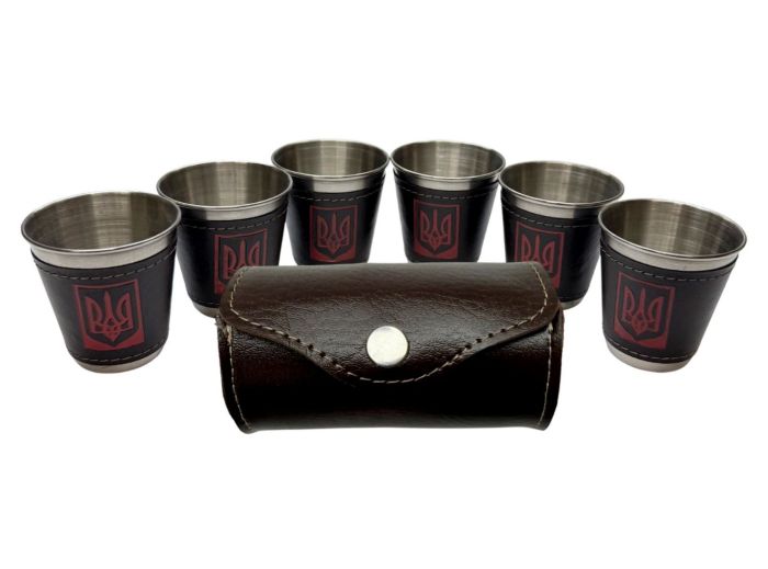 Набір стопок із нержавіючої сталі обтягнутих шкірою Україна JB-01 - 6 шт. x 75 мл - У шкіряному чохлі - Китай
