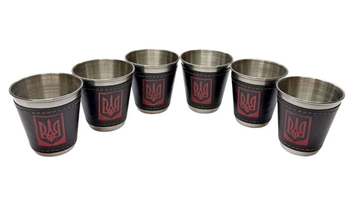 Набір стопок із нержавіючої сталі обтягнутих шкірою Україна JB-01 - 6 шт. x 75 мл - У шкіряному чохлі - Китай