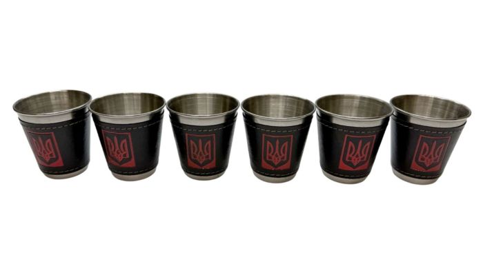 Набір стопок із нержавіючої сталі обтягнутих шкірою Україна JB-01 - 6 шт. x 75 мл - У шкіряному чохлі - Китай