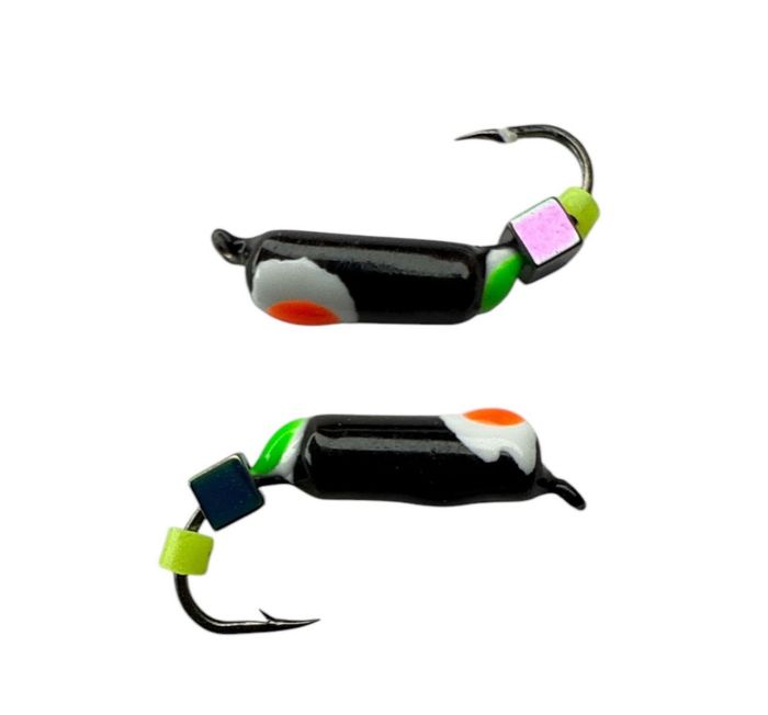 Мормишка Вольфрамова Володимирська Гвоздик - З кубиком хамелеон - 3.5 мм - 0.9 г - Чорний з біло-червоно-зеленою точкою - Арт.636