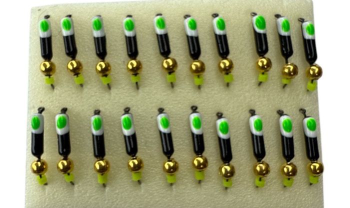 Мормишка Вольфрамова Володимирська Гвоздик - З кулькою золото - 3 мм - 0.5 г - Чорний із зелено-білою точкою - Арт.618