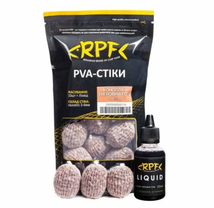 Готові ПВА-стики RPF "Classic" (10 шт. х 20 г) + Ліквід 50 мл - Коноплі+Тигровий Горіх