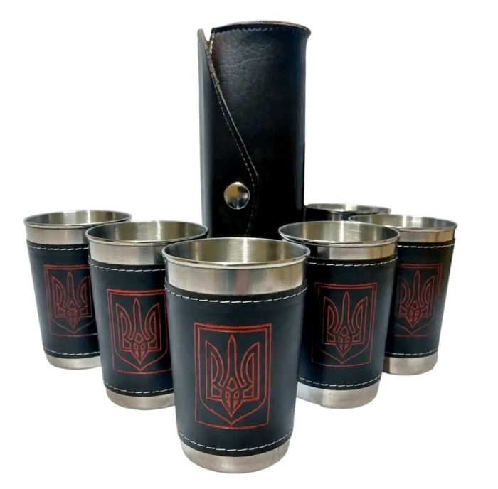 Набір склянок із нержавіючої сталі обтягнутих шкірою Україна JB-02 - 6 шт. x 180 мл - У шкіряному чохлі - Китай