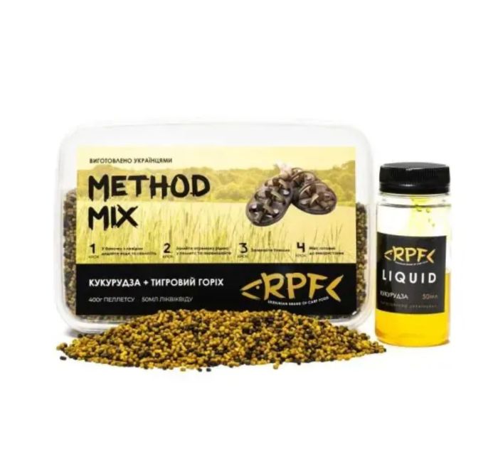 Підгодовування RPF Метод-Мікс 2в1 "Classic" - 400 г пелетса Ø2 мм + 50 мл ліквіду - Кукурудза+Тигровий Горіх
