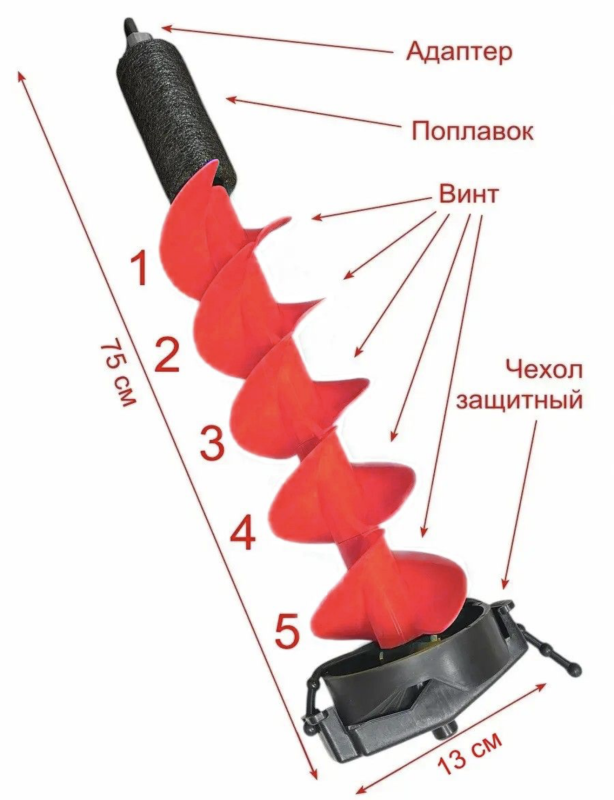 Шнек Fishing ROI для льодобуру IceHorn під шуруповерт - 130 мм - Праве обертання - Пластик - Червоний